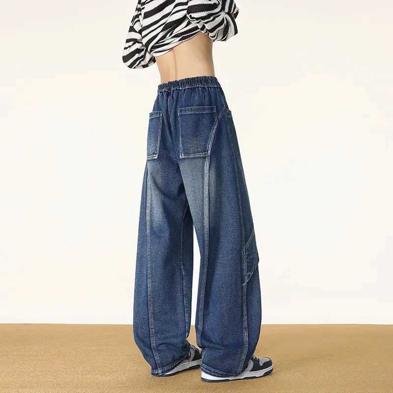 Mens Denim Washed Retro Spliced Oversized Autumn And Winter American Woven Leather Handsome Straight Leg Casual Wide Leg Pants J251030