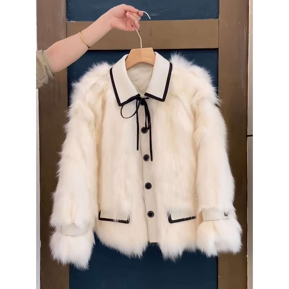 Women S Elegant Faux Fur Plush Thickened Jacket With Drop Shoulder Sleeves Single Breasted Button Front Contrast Trim Loose Fit Casual Chic Outerwear 