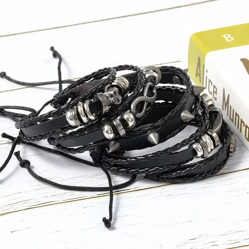 5pcs Metal Diy Braided Punk Style Bracelet Set Featuring Pu Leather And Beads 251028