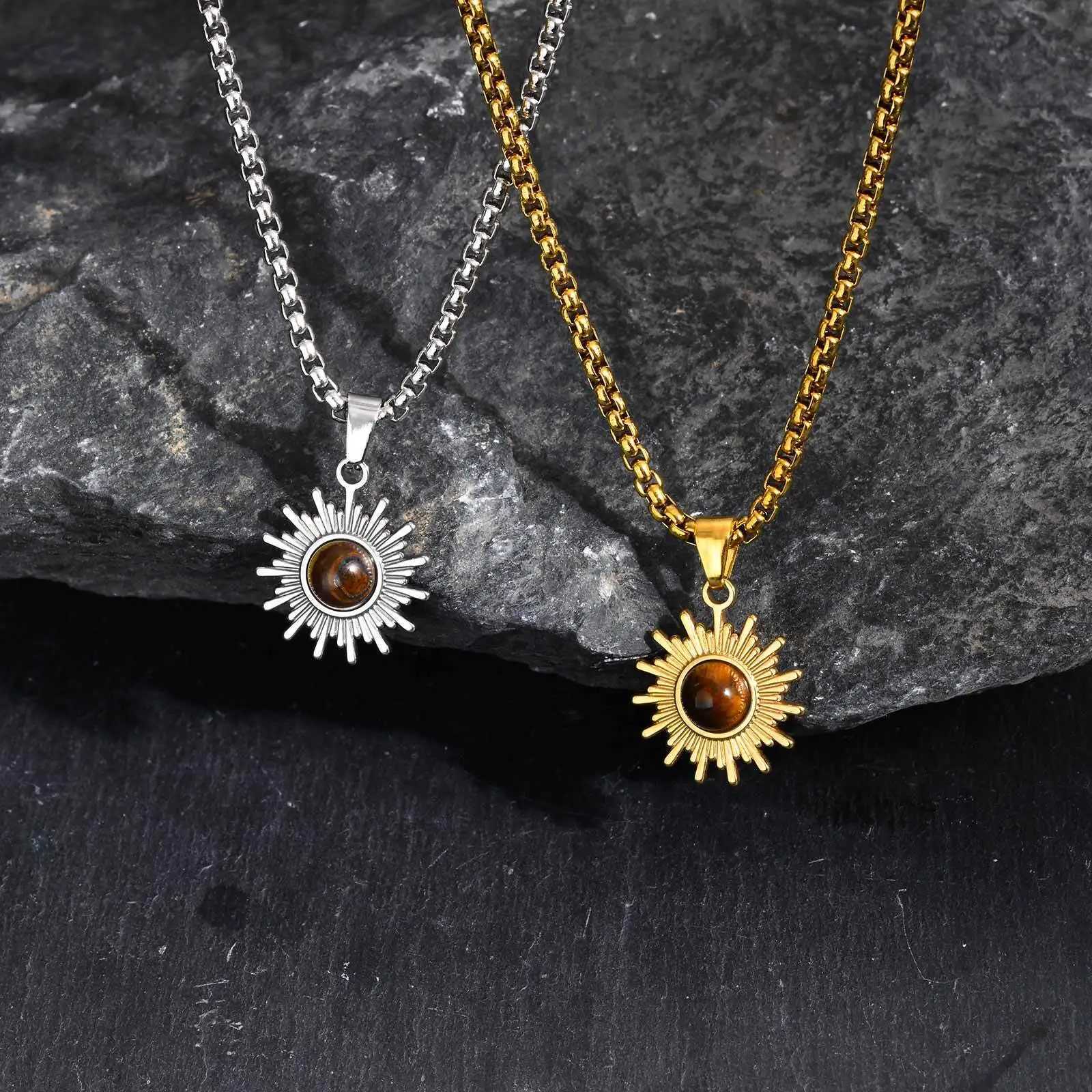 Trendy Sunflower Necklace for Men BoysStainless Steel Natural Stone PendantJewelry Gift for Husband Dad Son BBFXJ251030