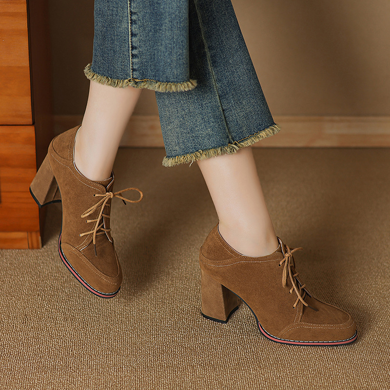 2025 Spring and autumn lace-up round toe thick heel deep mouth shoes versatile and comfortable plus-size women's shoes with heightened super high