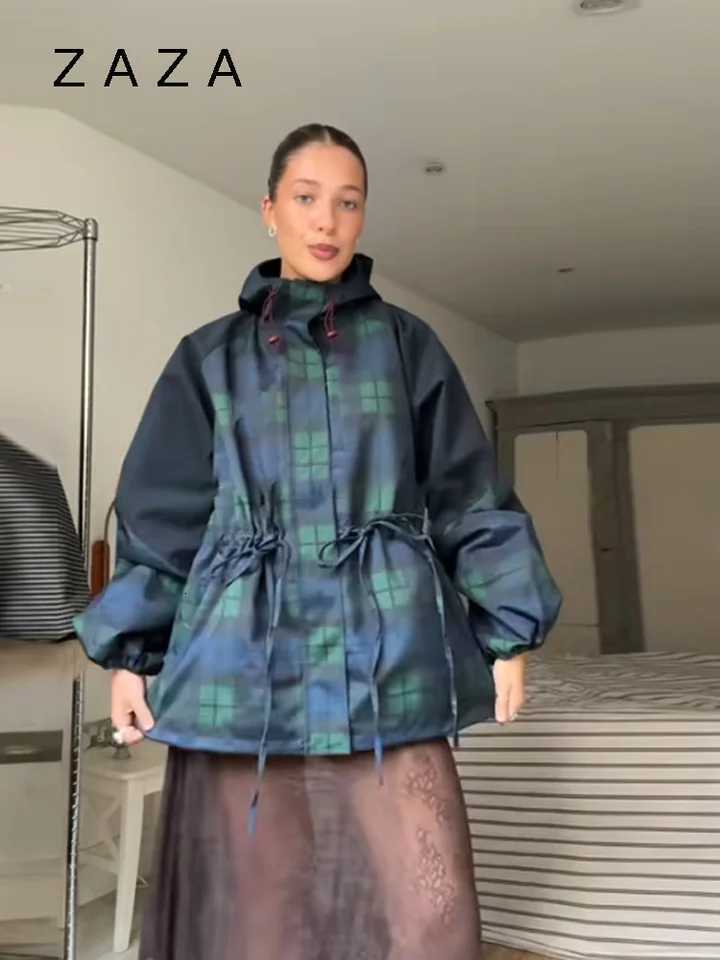 Women Vintage Grid Loose Jacket Oversize Loose Stand Collar Coat Long Sleeve Hoodie Lace Up Outwears 2025 New Lady Streetwears H25103022