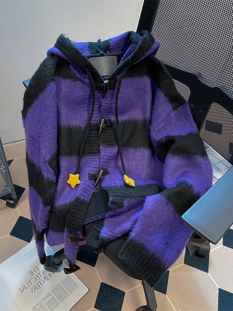 Lazy style cute star stripe hooded sweater womens autumn and winter anime mine knitted cardigan coat 251029