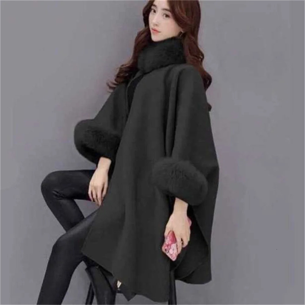 Autumn Winter Fashion Womens Long Fox Fur Collar Wooen Coat Cape Hepburn Style Woolen Plussize Top 251029