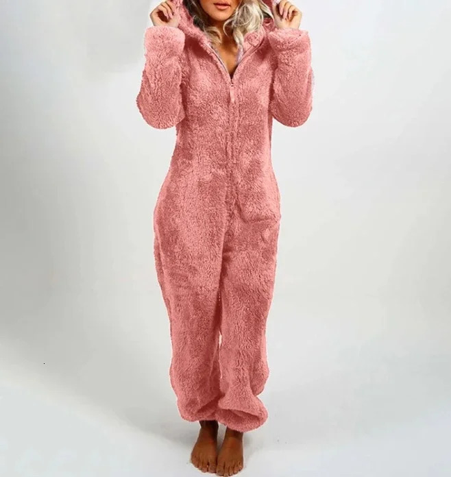 CPSYMYM Jumpsuit Women Autumn Plush Solid Color Casual Long Sleeved Daily Home Zippered Hooded Pajamas 251028