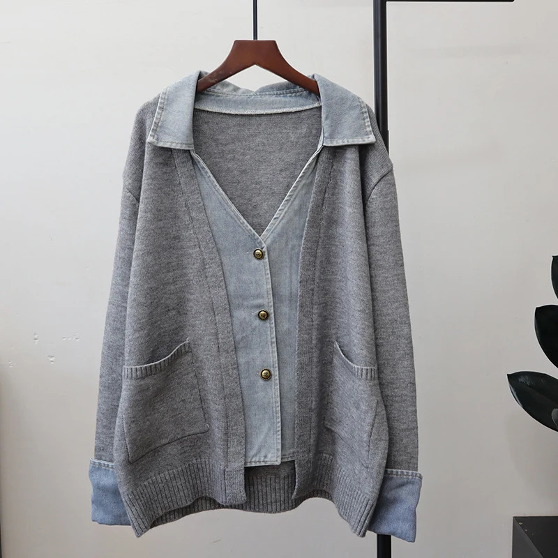 DEAT 2025 Autumn Patchwork Denim Knitted Cardigan For Women Loose Singlebreasted Sweater Coat Female Trendy 11A05629 251029