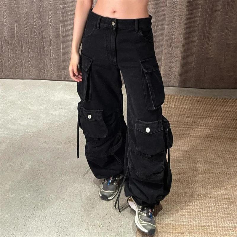 Womens jeans 2025 Winter low waisted slim fit wide leg pants pure cotton womens pants Retro ripped cargo pants Denim pants 251029