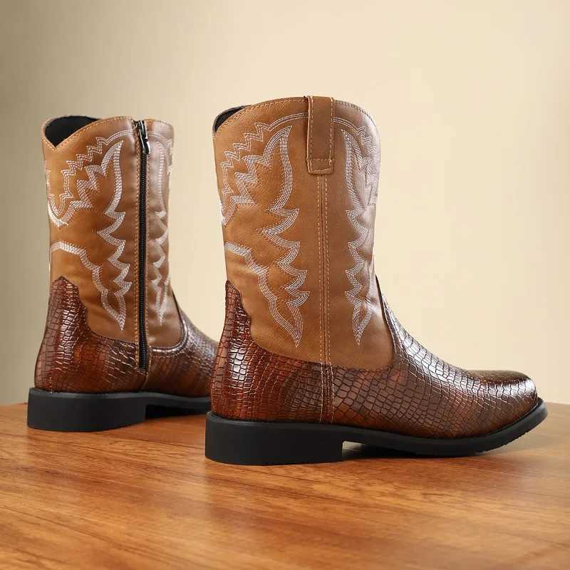 Mens Western Cowboy Boots British Style Leather Boots Retro Handmade Embroidery High Top Boots Middle Tube Men Motorcycle Botas Z251029