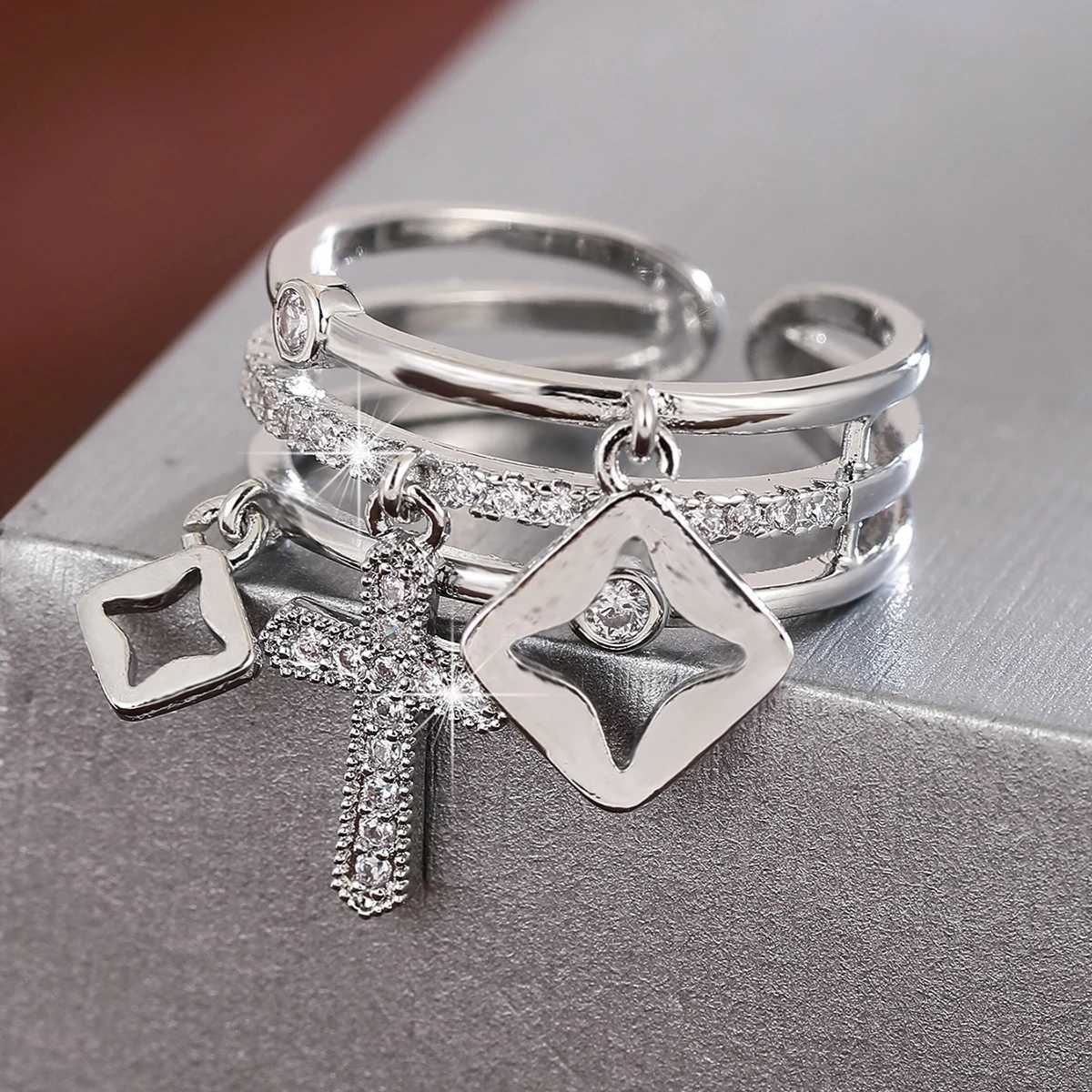 Unique crucifix Multi Layer Opening Ring Adjustable Womens Ring with Synthetic ZirconiaW251030