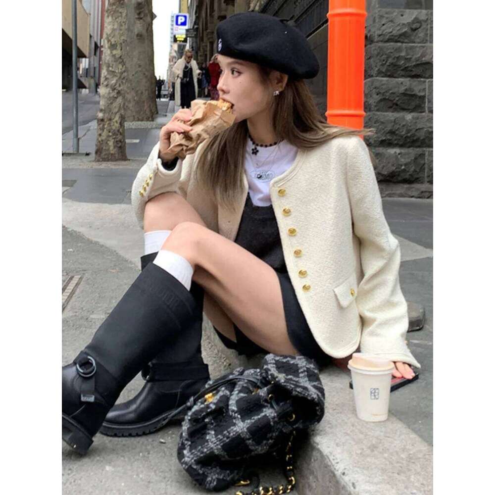 Bla Gold Tweed Ort Jaet Women's Autumn Winter New Sle Commute Loose Fit Ket Design Pure Color Button Closure