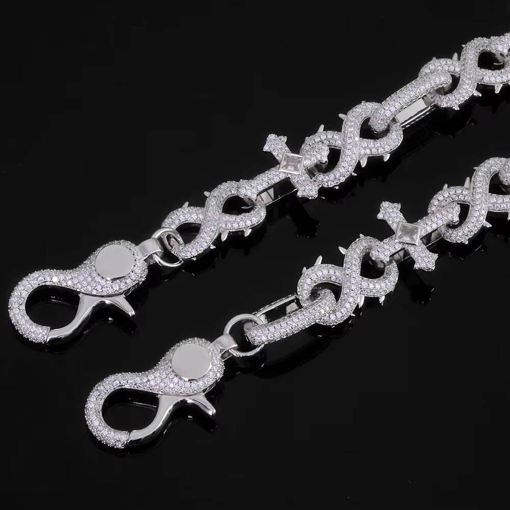 NUOYA Luxury Silver Plated Hip Hop Pants Chain Shiny Diamond Cross Micro Pave moissanite Spike Infinity Design Chain Jewelry Designer's style