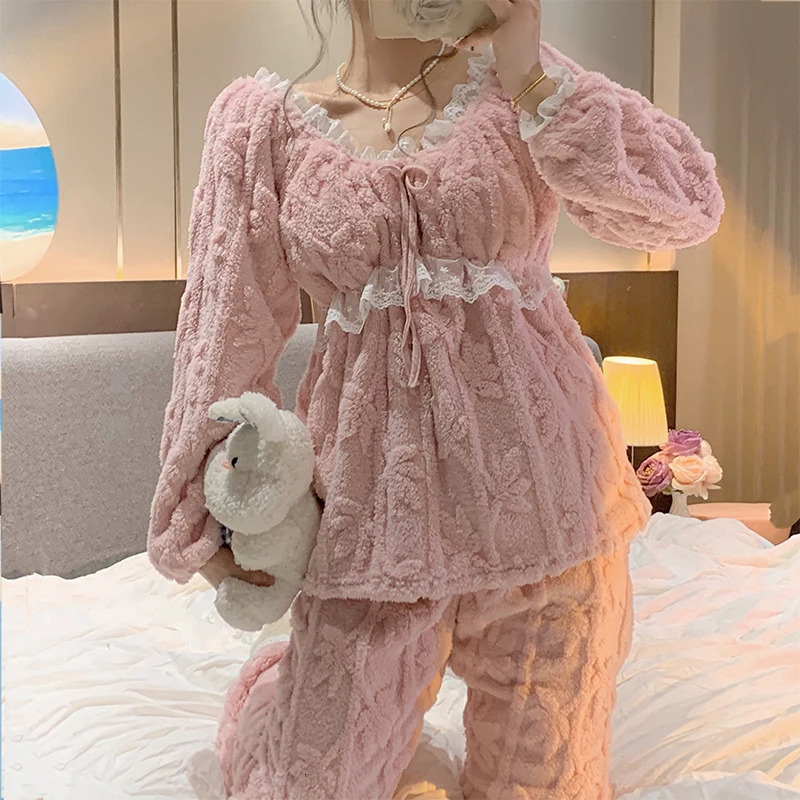 Winter Plush Soft Warm Womens Pajamas Lace Vneck Long Sleeve 2 Piece Outfit Set Women Sweet Solid Color Princess Home Wear 251029