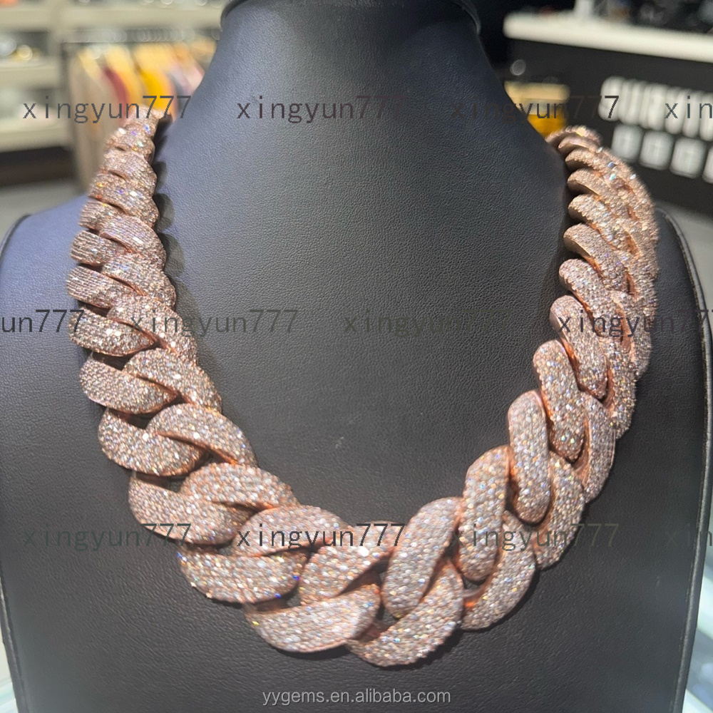 Yu Ying Custom Heavy Chain 20mm 22mm Men Full Iced Out Moissanite Rose Gold 925 Silver Cuban Link Chain Necklace Hip Hop Jewelry