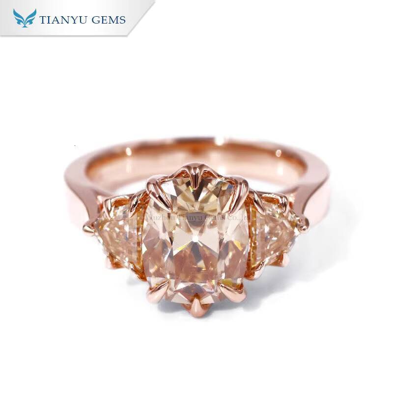 Tianyu Gems 8x10mm Cushion Cut Champagne Moissanite Ring Women 18K 14K 10K Rose Gold Three Stone Ring Wedding Engagement Jewelry