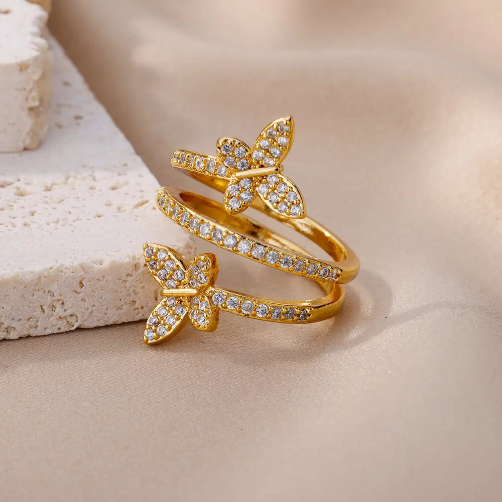 Zircon Double Butterfly Rings For Women Stainless Steel Gold Color Open Multilayer Ring Fashion Wedding Party Jewelry 251023