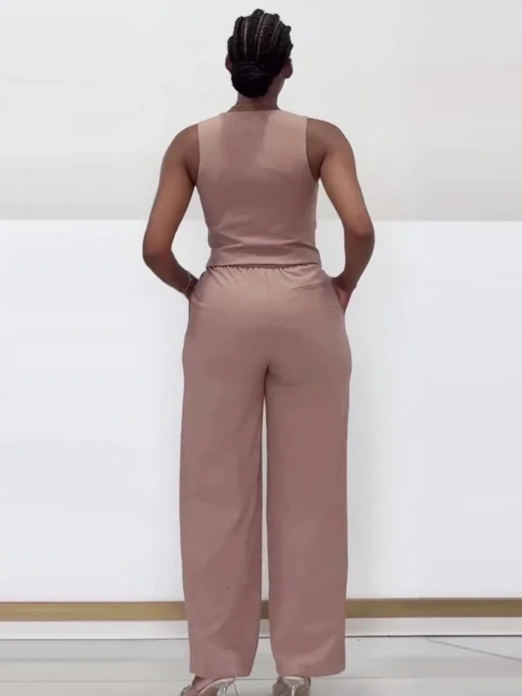 Fashion Two Piece Set Office Lady Outfits Womens Set Solid Color Sleeveless Button Fly Vest Shirt and Wide Leg Pants Set 251029