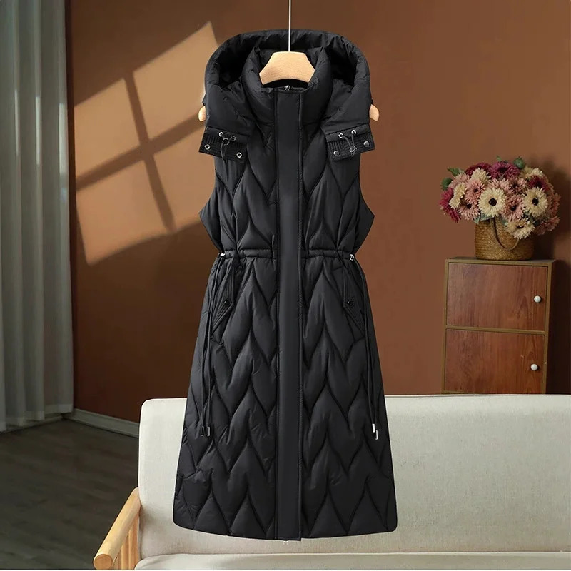 Women Autumn Winter Coat Mid Long down Cotton Vest Korean Hooded Sleeveless Jacket Female Waistcoat Outwear Chaleco Mujer 251024