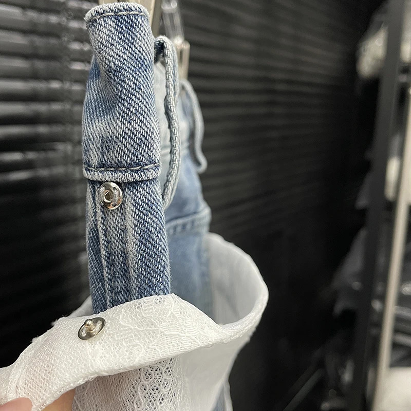 DEAT Vintage Fashion Womens Lace Waist Cover Jeans Niche High Waist Straight Wide Leg Denim Pants Female 11A04036 251029