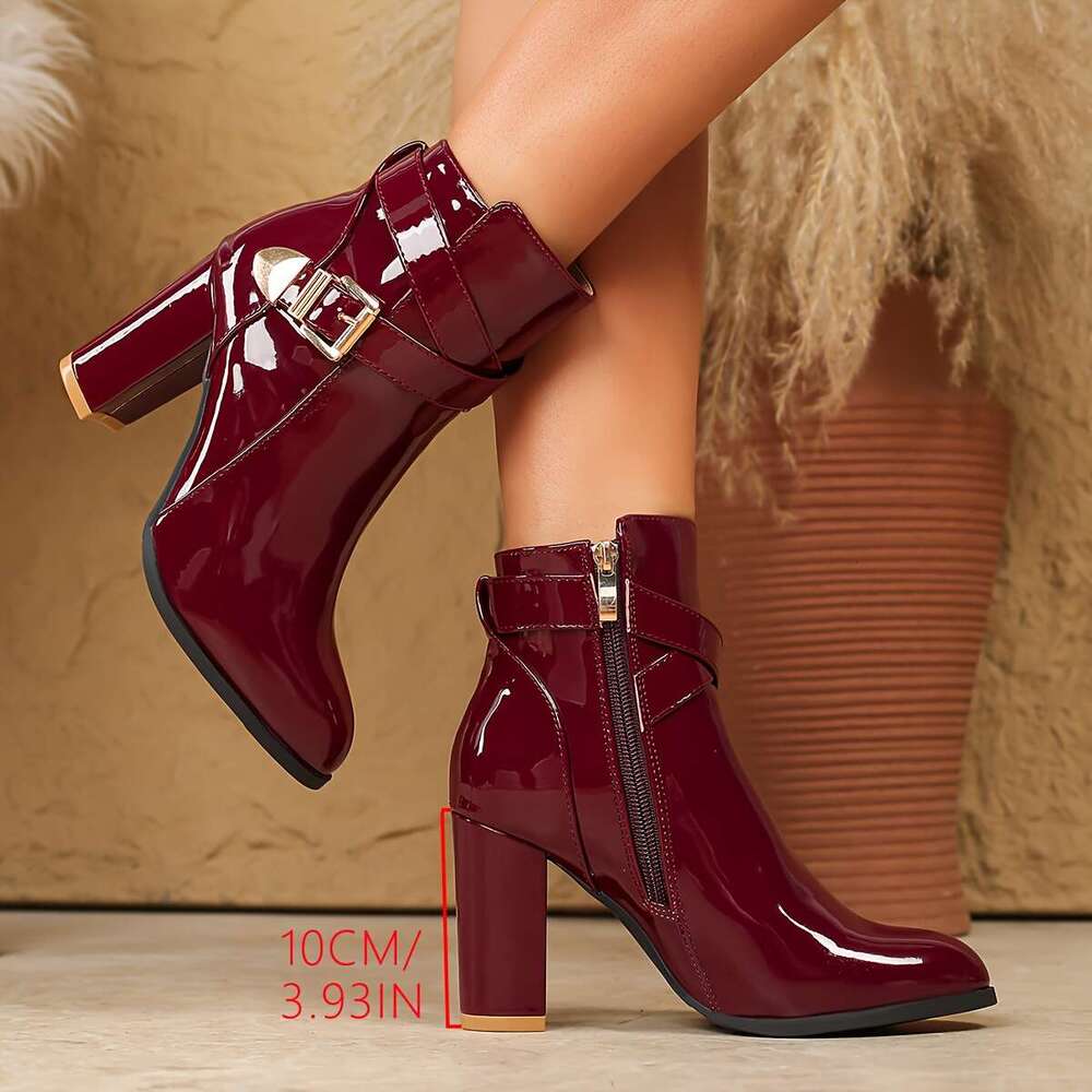 Women's Wine Red Glossy Cover Mid-Calf Boots - Thick Block Heel Pointed Toe With Golden Buckle Strap & Zipper Closure, British Retro Style Fit Al