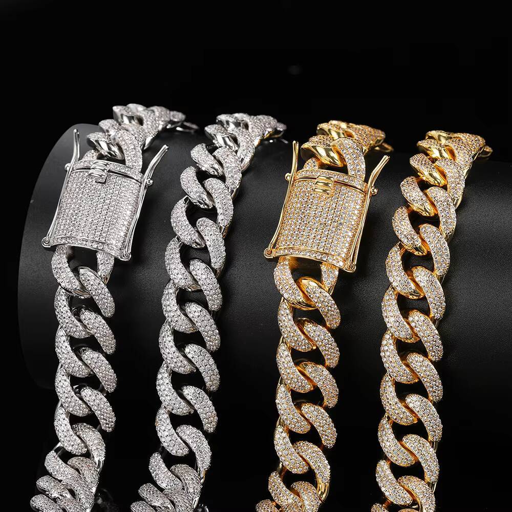 Nuoya Hip Hop Jewelry 15mm Bling moissanite Brass Cuban Link Hand Chain Bracelet for Men Iced Bracelet and Chain Designer's style