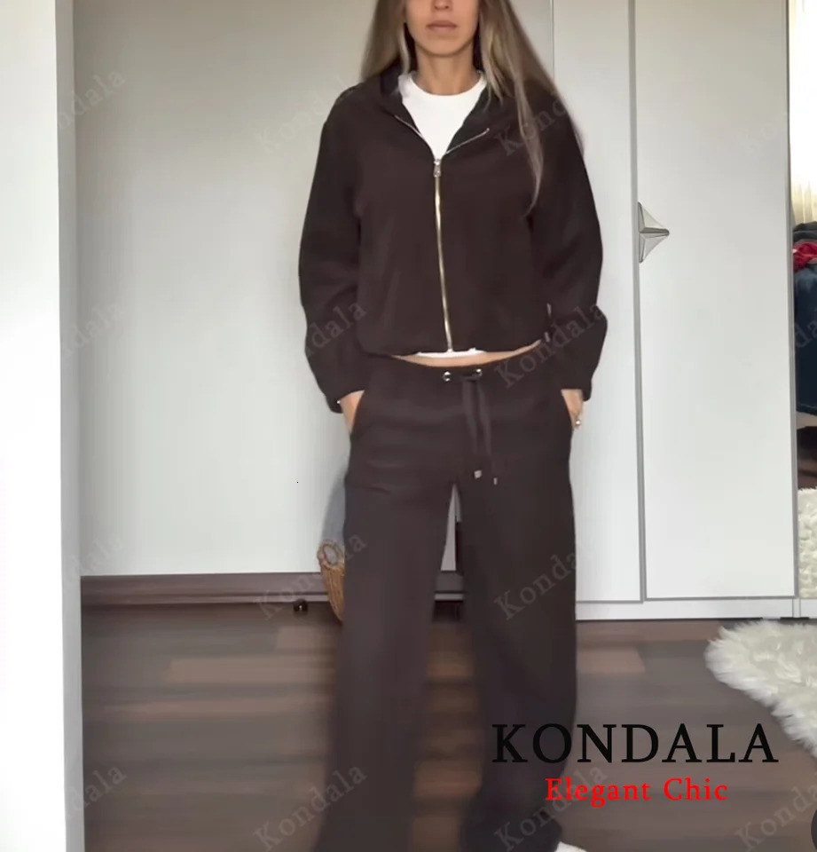 KONDALA Women Fall Casual Pant Set Hooded Pilot Jacket Drawstring Pants SpringAutumn Elegant Energetic Female Pant Set 251029
