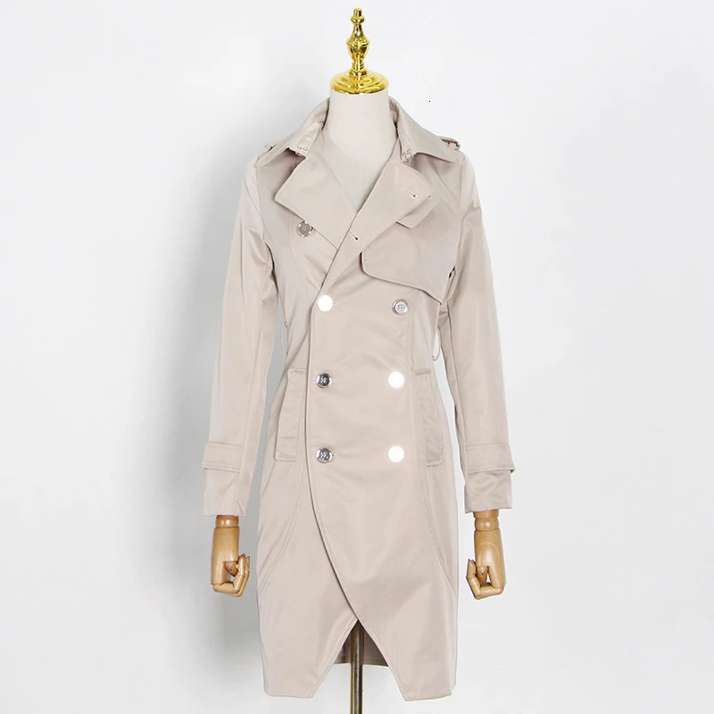 TWOTWINSTYLE Casual Irregular Trench For Women Lapel Long Sleeve High Waist Sashes Front Split Khaki Windbreaker Female 251029