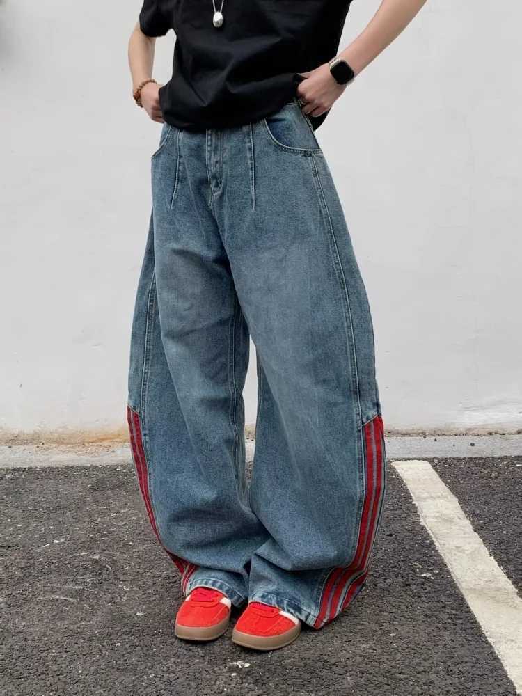 Trashy Y2K 2000S Red Striped Patchwork Washed Blue Baggy Jeans Pants For Men Clothing Wide Leg Korean Casual Lady Denim Trousers J251030