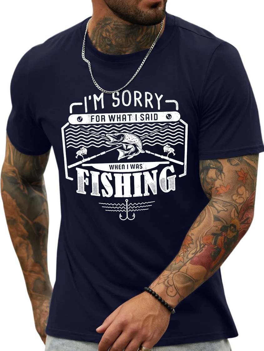 European & American Oversized Men's Fishing-Themed Fun Cotton Casual Crewneck Letter T-Shirt - TT7379