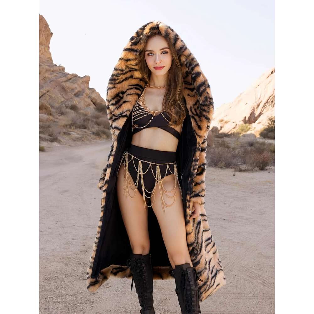 Women S Elegant Leopard Print Hooded With Faux Grass Lining Long Winter Warmth Slim Fit Tailored Outerwear Single Breasted Closure Luxurious Fur Like 