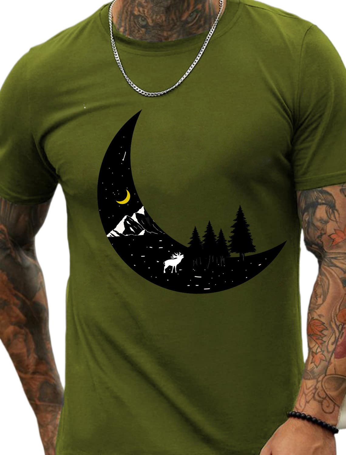 Europe & America Oversized Black Moon Print Men's Cotton Summer T-Shirt - TT7076