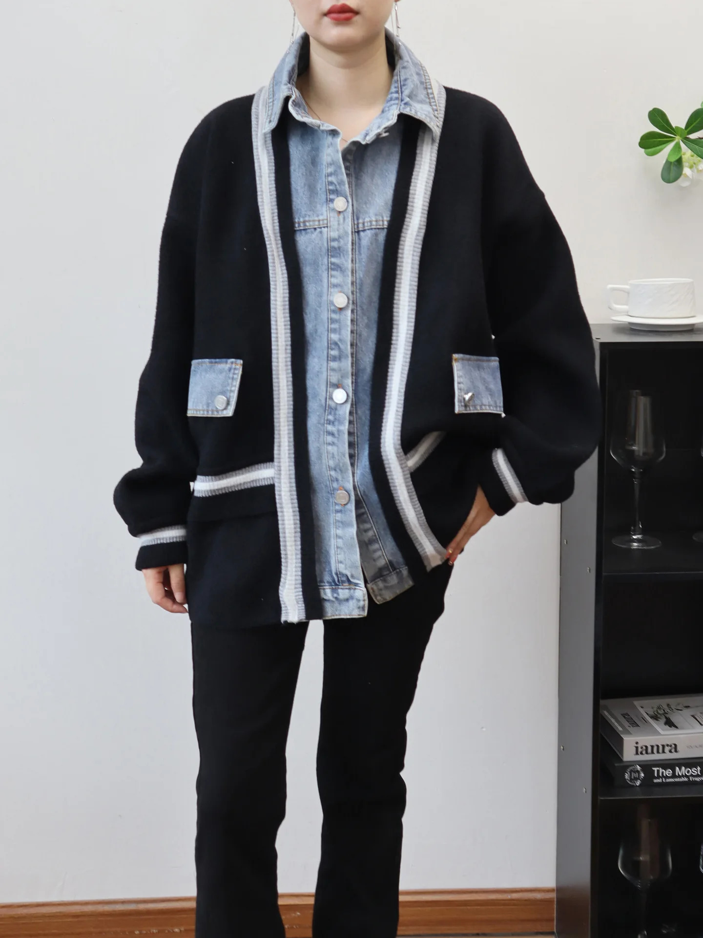 Women Knitted Spliced Cardigan Casual Jumpers Denim Patchwork Long Sleeves Single Breasted Thick Loose Office Lady 2025 Autumn 251029