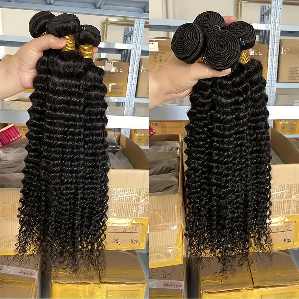 4Pcs Wave Bundles 30 32 34 36 Inch - Unprocessed Deep Curly 98%+ Human Hair Weave Women, Natural Black Color, High-Quality Wet And Wavy
