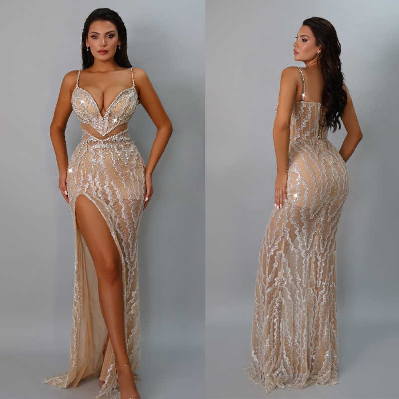 Shine Prom Gown Crystal V-Neck Evening Dress Beads Party Prom Dresses Sexy Slit Bridal Gowns Robes De Mariee Size Customized vestido de novia L252833