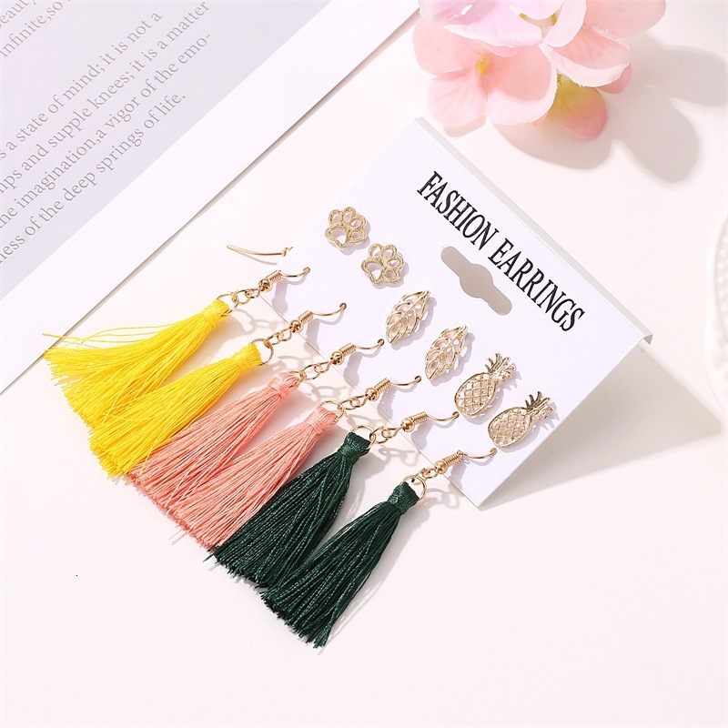 18k Gold Plated Set Tassel Bohemian 6 Pairs Of Stud Earrings Jewelry
