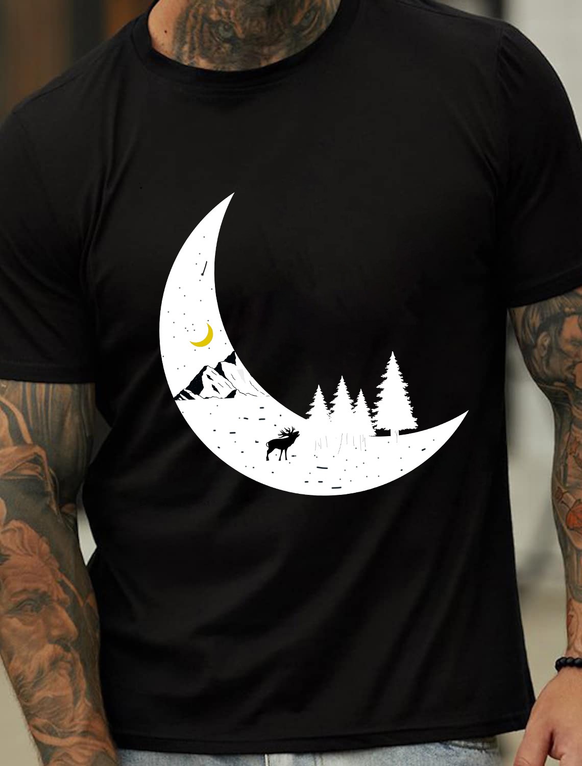Europe & America Oversized Black Moon Print Men's Cotton Summer T-Shirt - TT7076