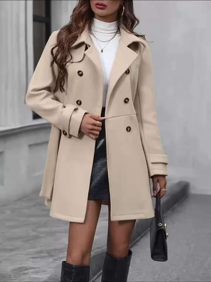 Women S Slim Fit Double Breasted Beige Trench With Button Front Long Sleeves And Flap Pockets Stylish Outerwear For Casual Or Formal Ocns Winter Notch