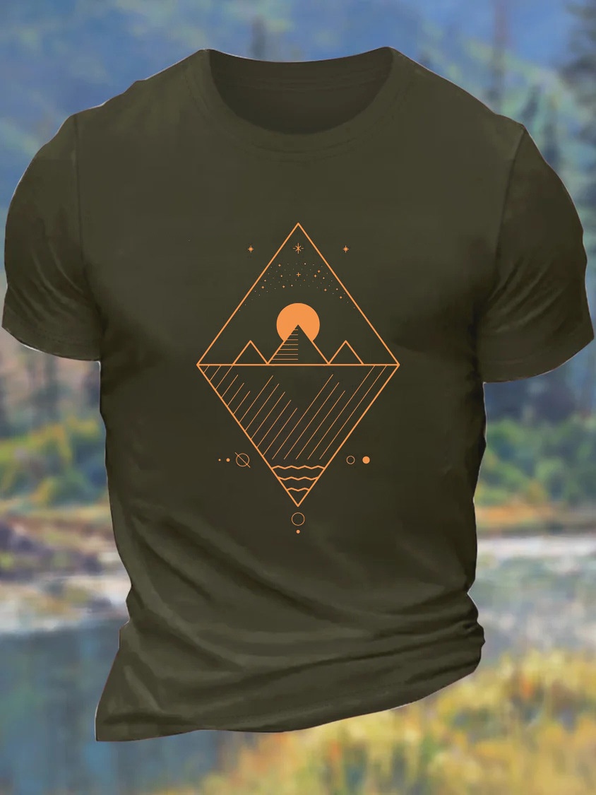 European and American Oversized Men's Mountain and Sun Stripe Pattern Cotton Crew Neck Loose Casual T-Shirt - TT7532