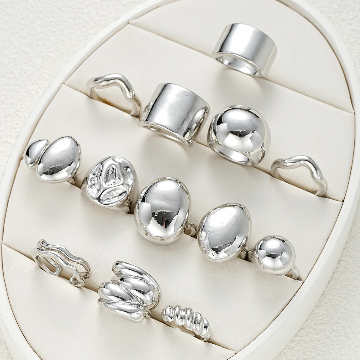 13 Pcs Punk Smooth Open Ring Set Fashion Silver Color Smooth Geometric Adjustable Metal Rings Womens Aesthetics Party Jewelry 251023