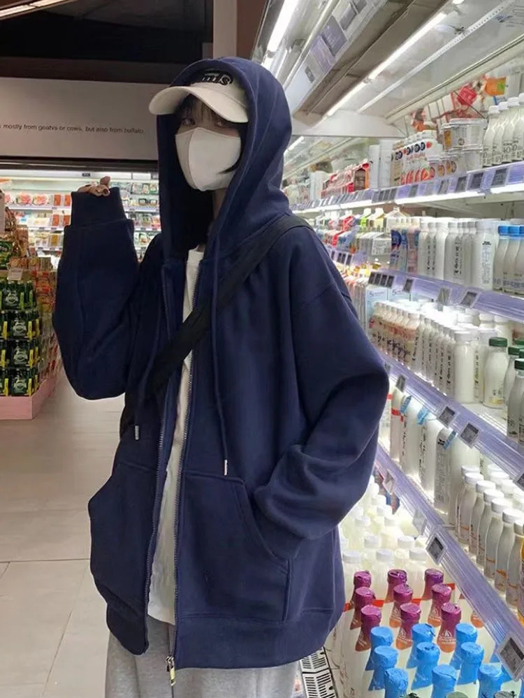 Oversize Womens Sweatshirts Autumn Casual Korean Long Sleeve Hooded Zipup Y2k Hoodies Streetwear Harajuku Female Clothes Black 251030