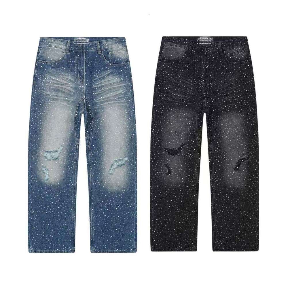 Trendy Vintage Full Rhinestone Ripped Jeans Street Style Hip Hop Long Pants Unisex