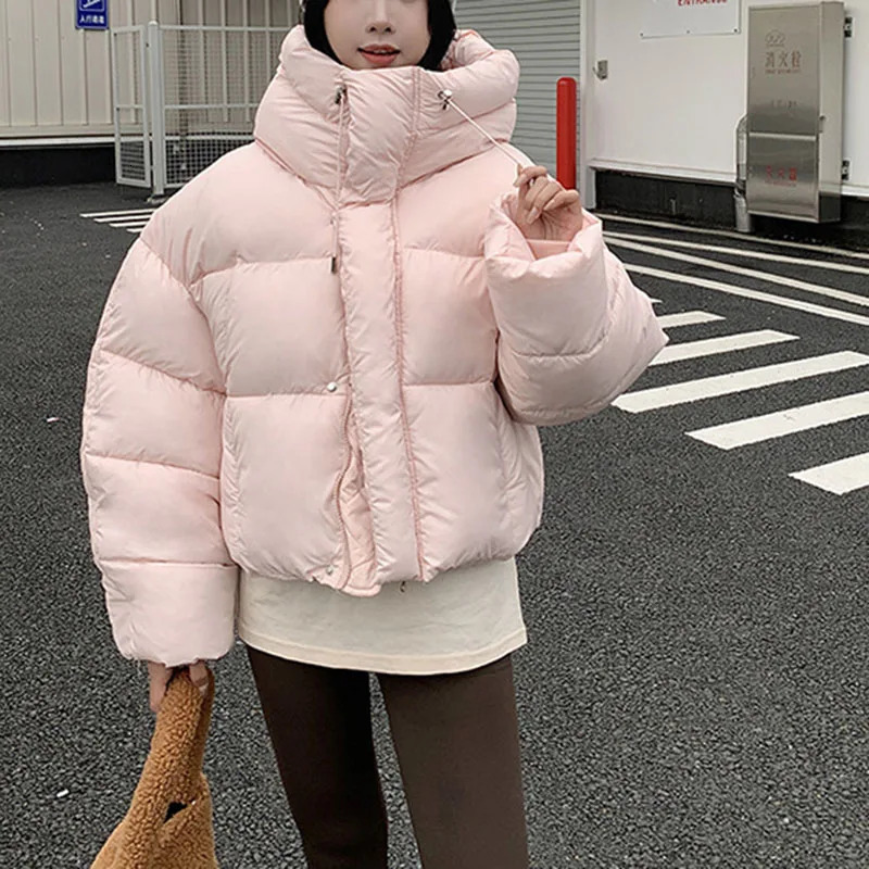 puffy hooded short parka thicken loose down cotton coat for women solid color warm outwears winter jacket 251015