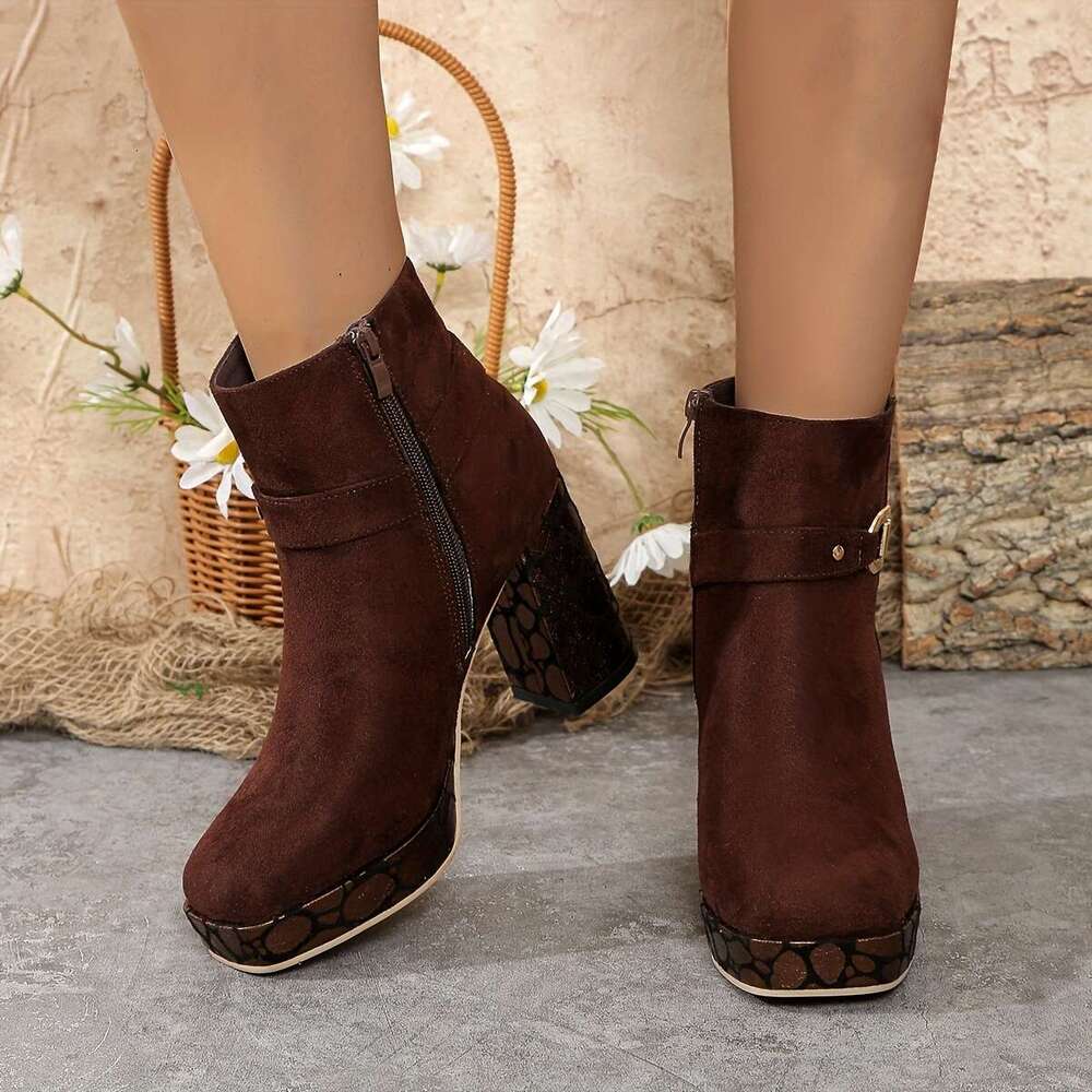 Women's Ankle Booties With Ultrahigh Block Heel, Square Toe, Fabric Upper & Lining, Zipper Closure, Man-Made Insole, Plastic Sole - Fashionable F