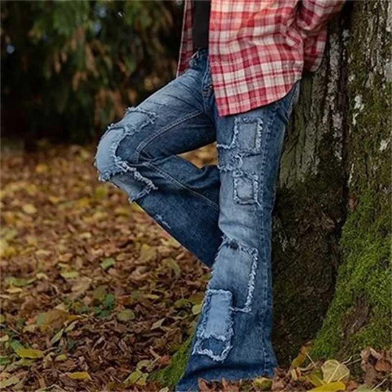 Vintage Patch Stretch American Style Flared Jeans Mens Streetwear Button Splicing Pocket Male Youth Daily Casual Denim Pants 23 J251030