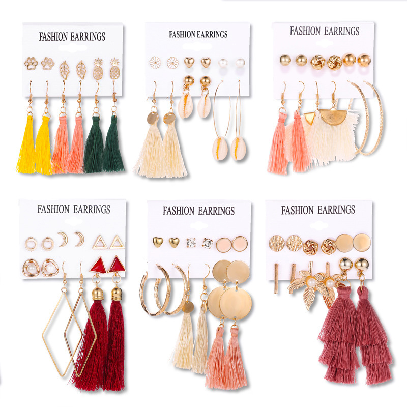 18k Gold Plated Set Tassel Bohemian 6 Pairs Of Stud Earrings Jewelry