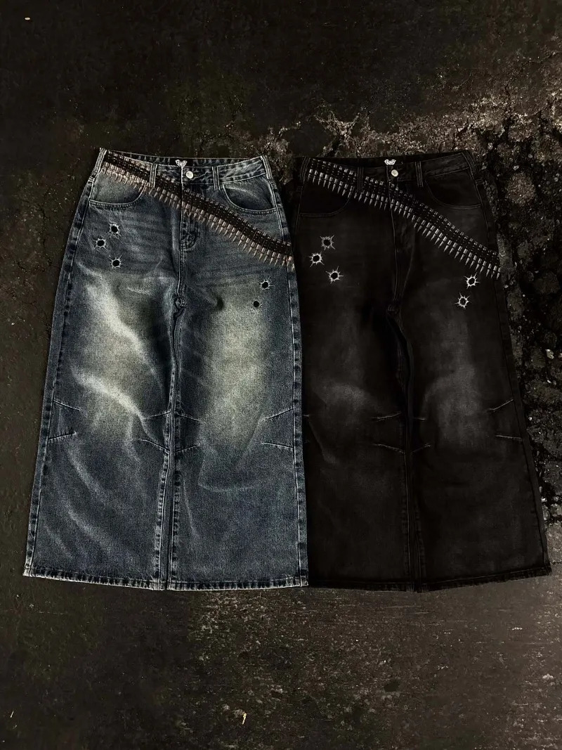 European and American Gothic Punk Harajuku Y2K Jeans Women Trendy Retro Washed High Waist Straight Pants Hip Hop Streetwear Men 251029