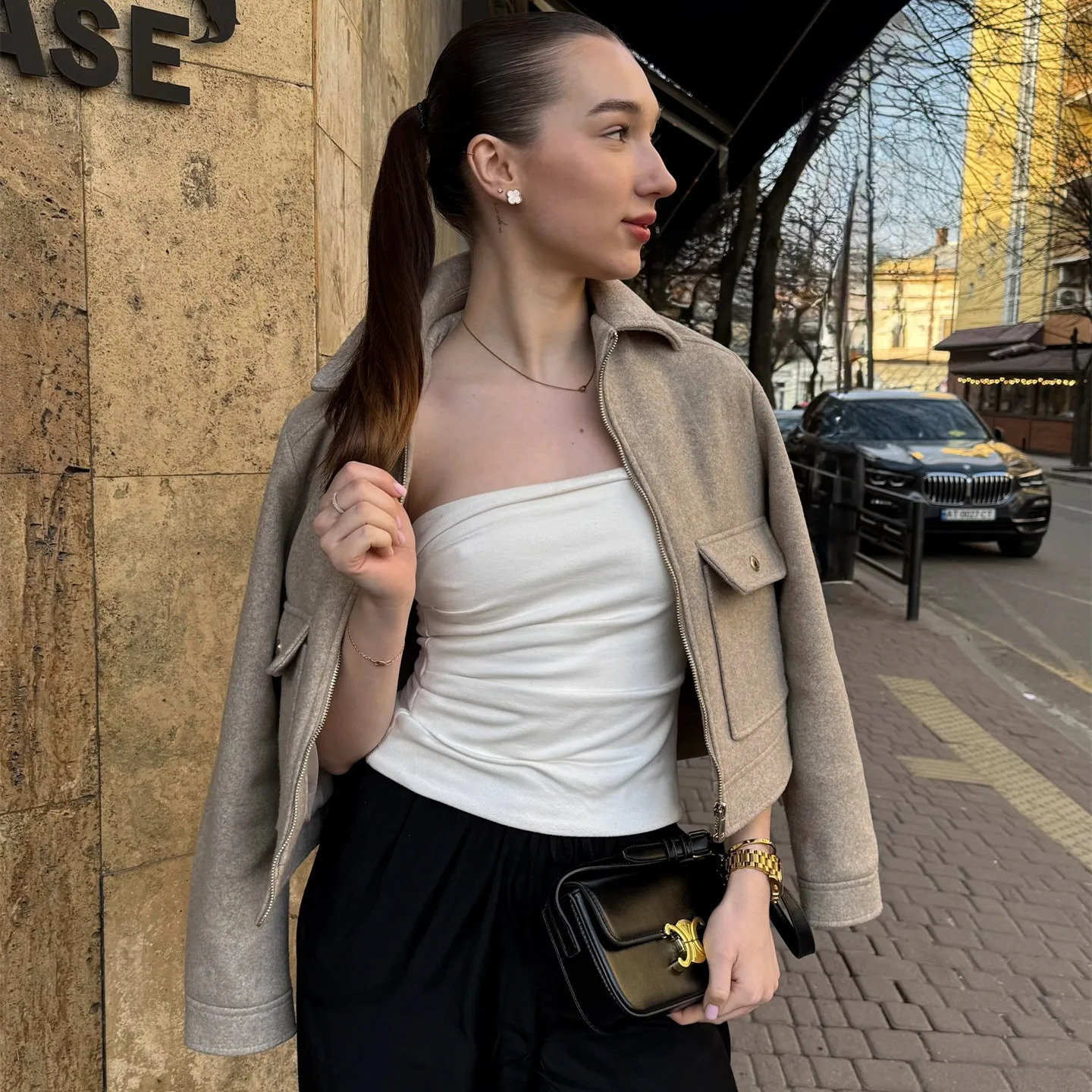 autumn and winter womens clothing pocket zipper decoration soft simple longsleeved lapel short jacket 251028