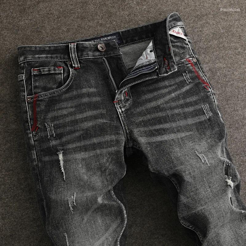 Men's Jeans Fashion Men High Quality Retro Black Gray Stretch Slim Fit Ripped Y2K Embroidery Vintage Denim Pants