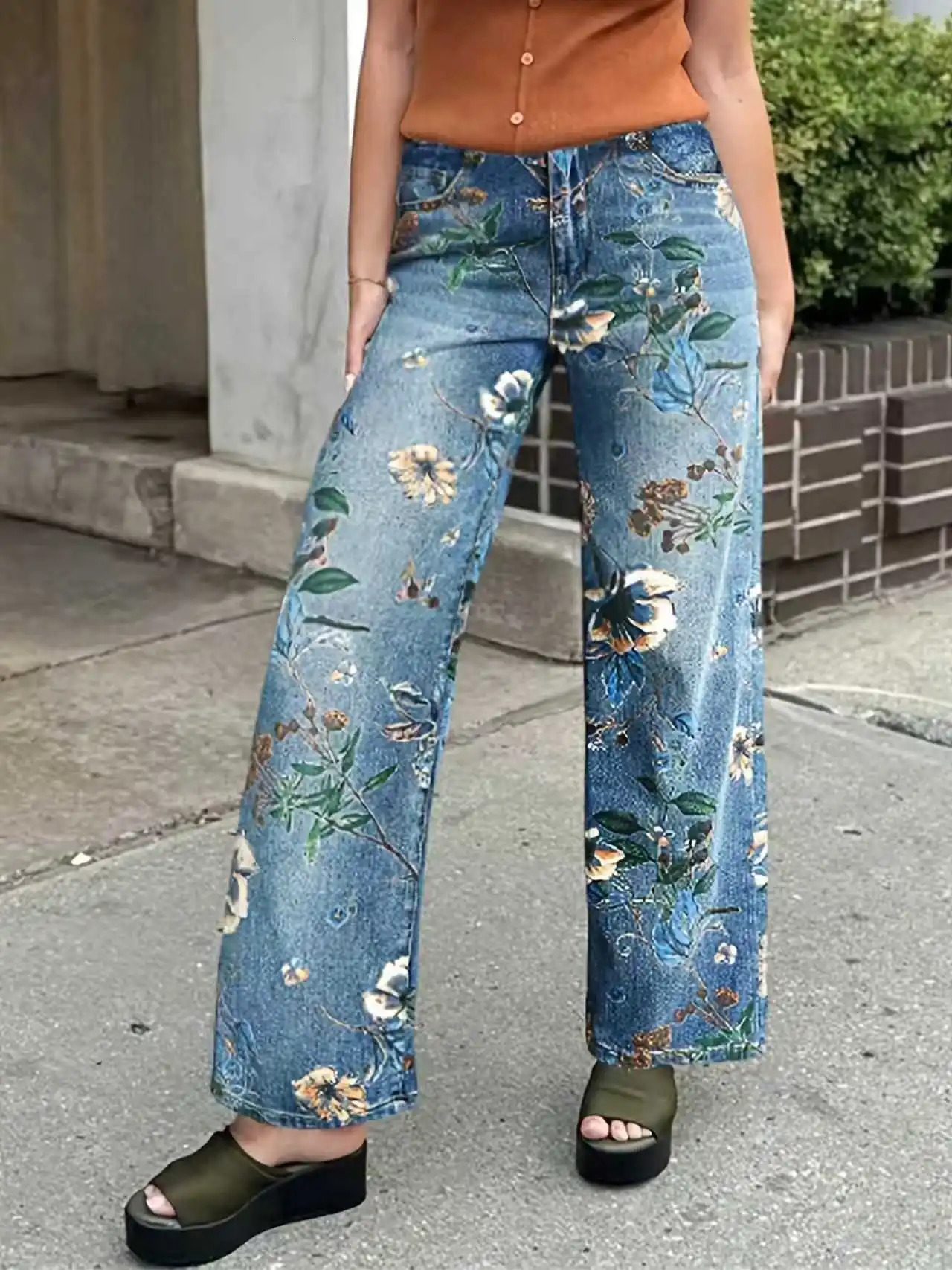 Ladies flowerprinted wideleg jeans Loosefitting fashionable nonstretchy midrise vintagestyle denim long pants 251029