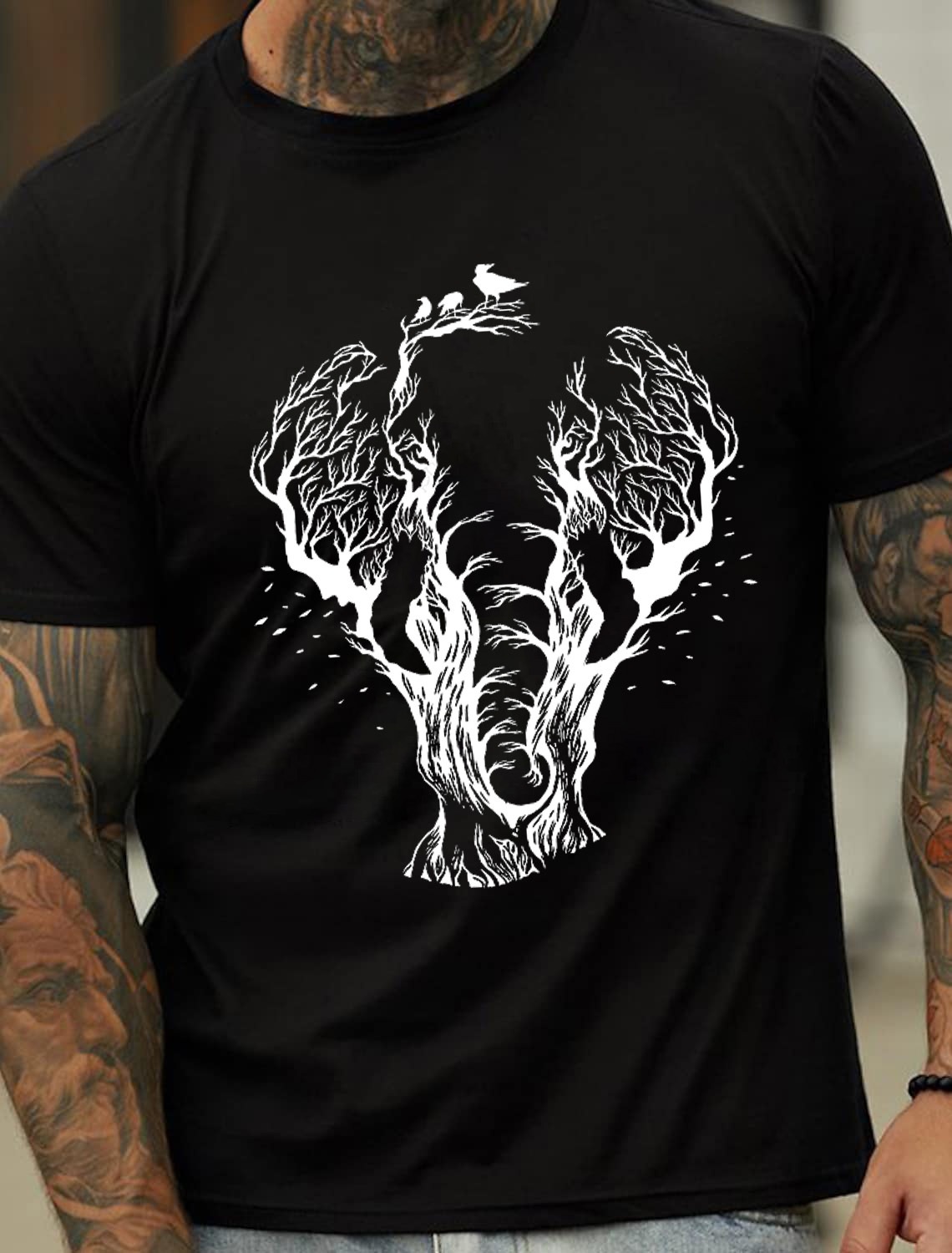 European and American Oversized Elephant and Forest Print Men's Cotton Summer T-Shirt - TT7185