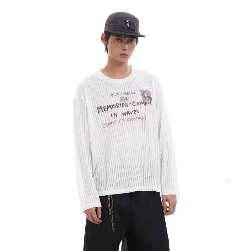 PFNW American Vintage Semitransparent White Letter Printting Long Sleeve White Tshirt For Men And Women Loose Tee Tops 28W6046 251028